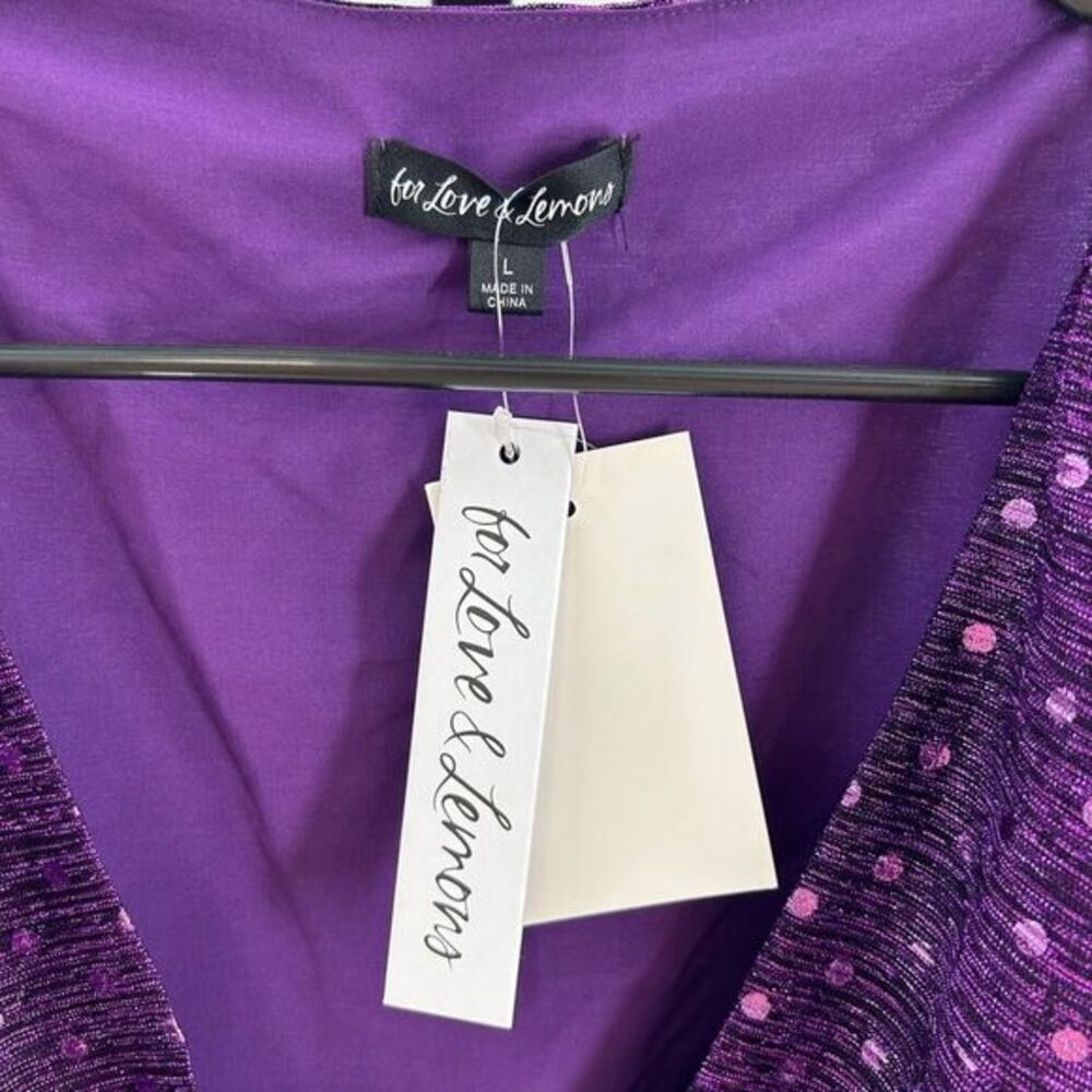 For Love & Lemons Womens L Purple La Vilette Metallic Puff Sleeve Top Plunge New - Picture 3 of 10